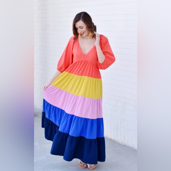 entro Dresses & Skirts - Entro Women Multicolored Block Orange Pink Blue Yellow Patter  Maxi Dress Sz S